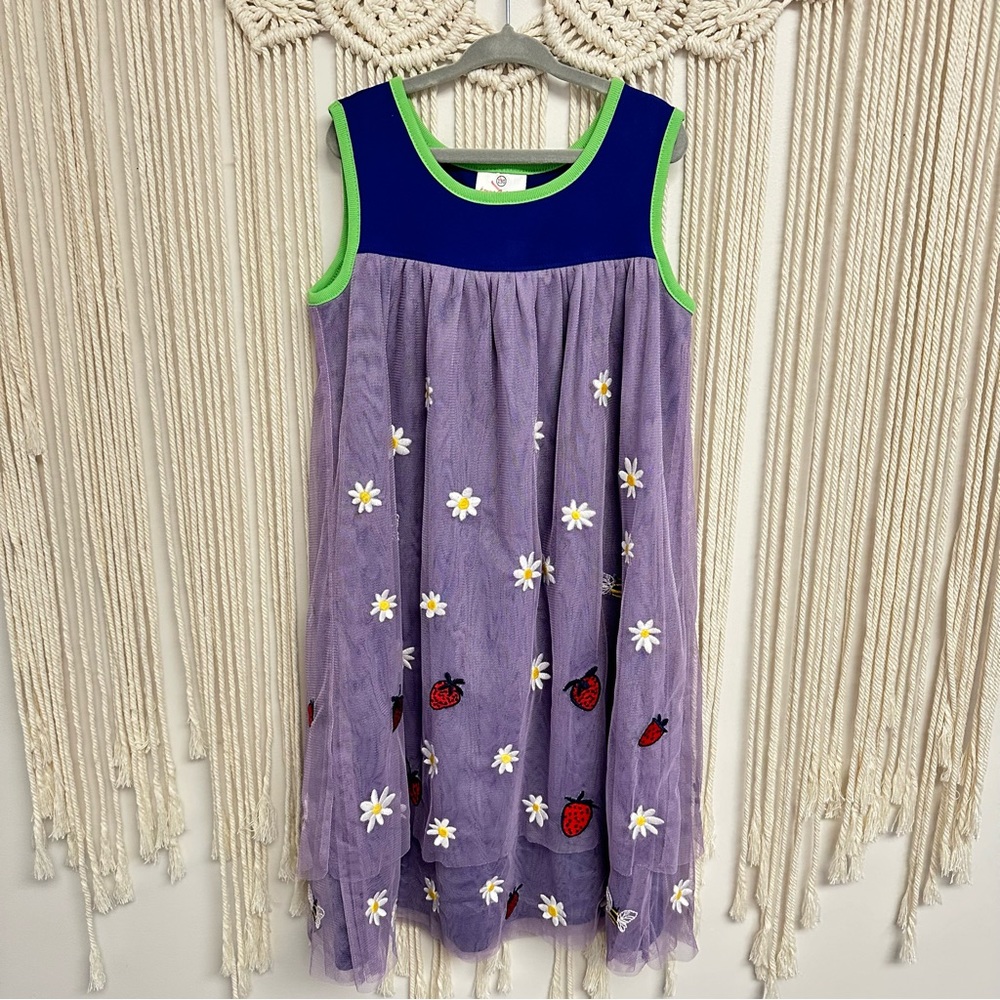 Hanna Andersson Purple Daisy & Strawberry Tulle Dress with Blue Neckline